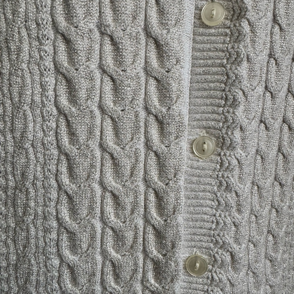 Eddie Bauer Ivory Cable Knit Cardigan Metallic Gold Thread Accents Size Medium - Picture 9 of 14